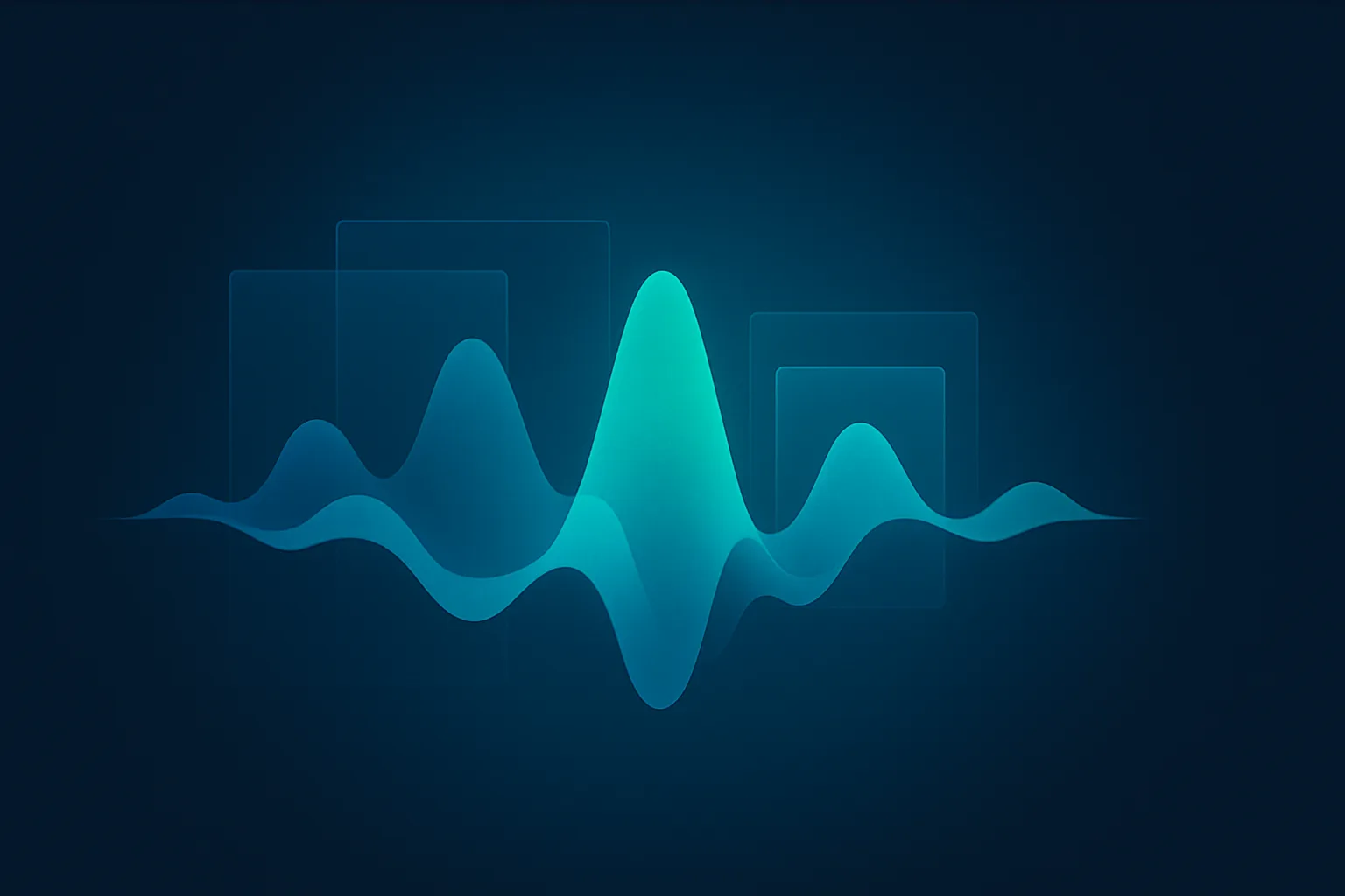 Abstract banner illustration of layered audio waveforms merging with screen panels in blue and teal on dark navy, representing AI meeting notetakers ranked for 2026.