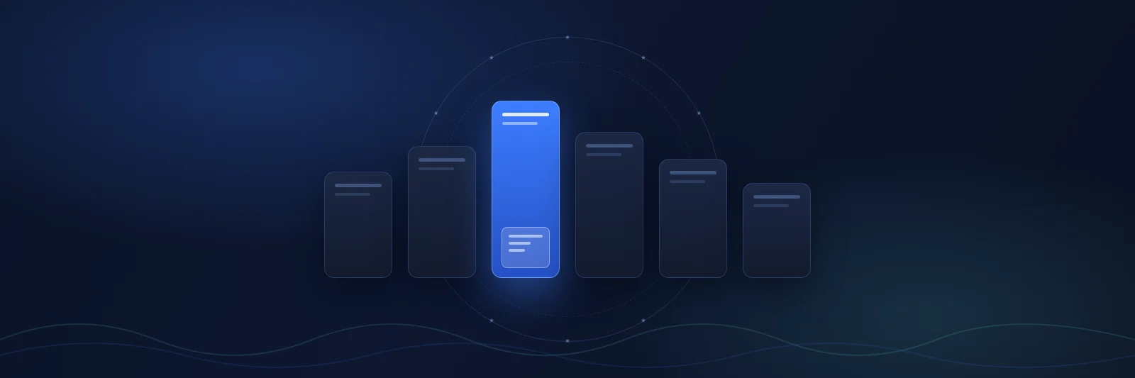 Abstract editorial illustration of six ranked cards inside a European data perimeter on a navy gradient