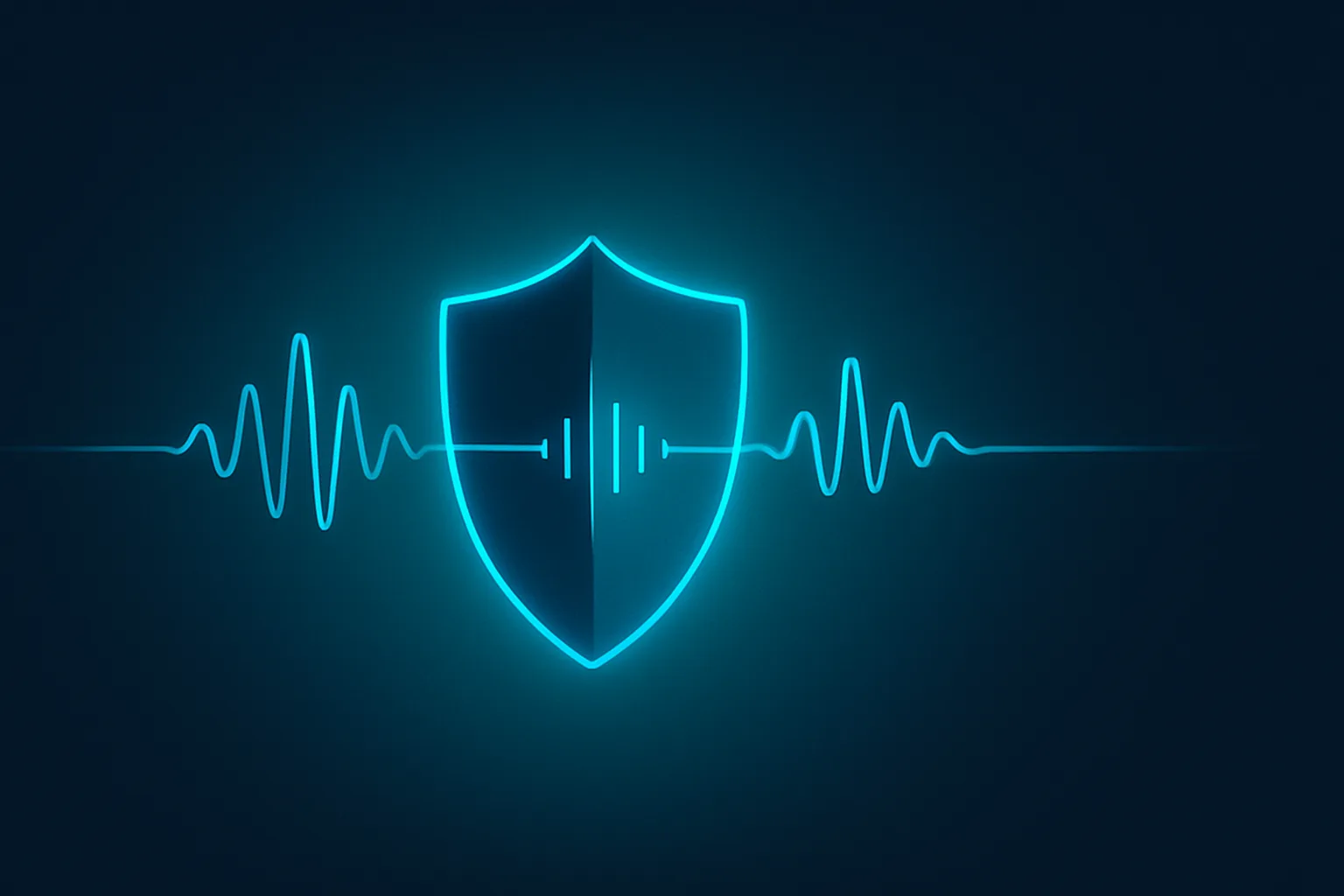 Abstract banner of a soundwave passing through a privacy shield in blue and teal on dark navy, representing bot-free notetaker privacy.