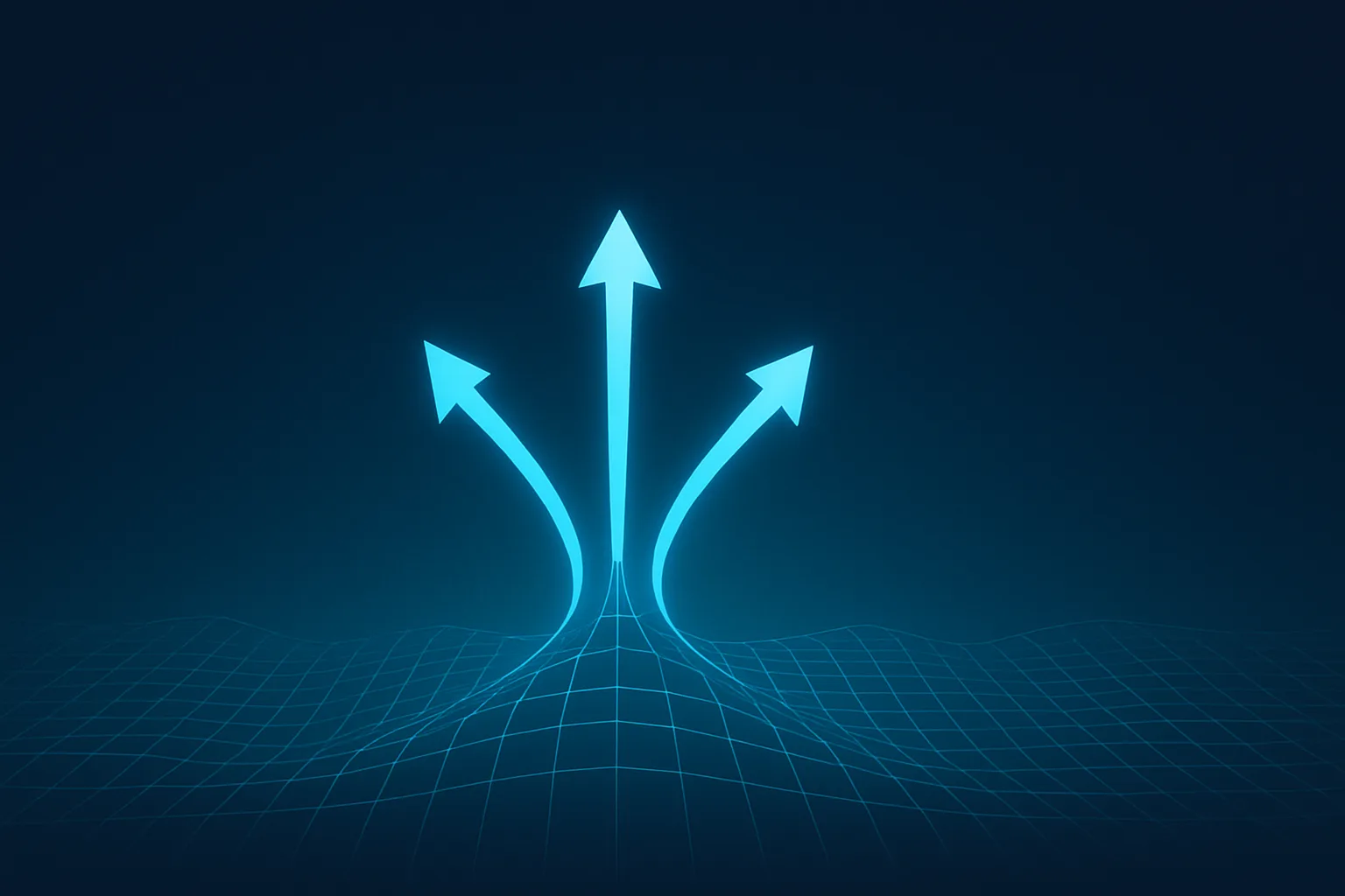 Banner abstracto de tres flechas divergentes sobre una grilla de ondas de sonido en azul y teal sobre azul marino, representando tres caminos alternativos a Otter.ai.