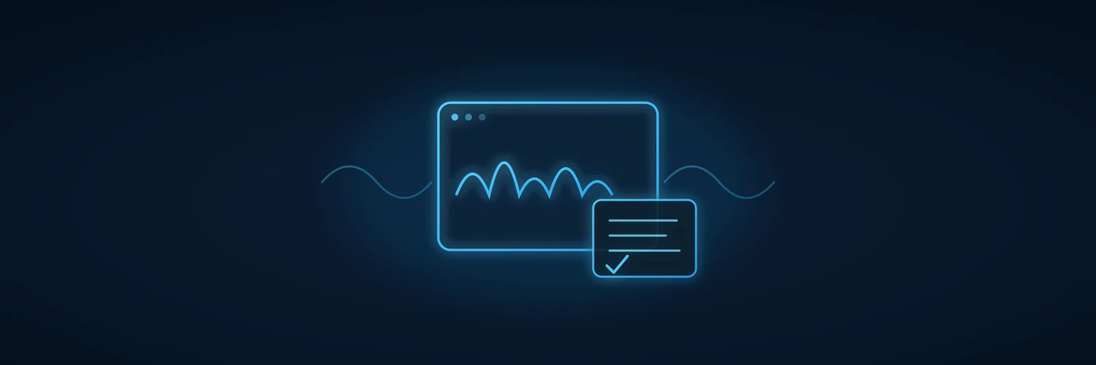 Abstract editorial illustration of a meeting window with a voice waveform and a minutes card with a checked task, on a navy gradient